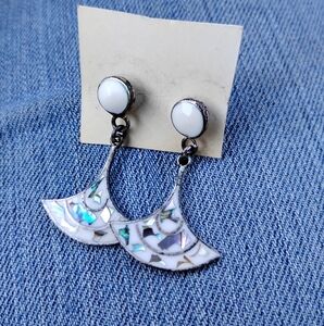 White Enamel Dangle Earrings Vintage Alpaca Nemics Abalone Mexican Silver Studs